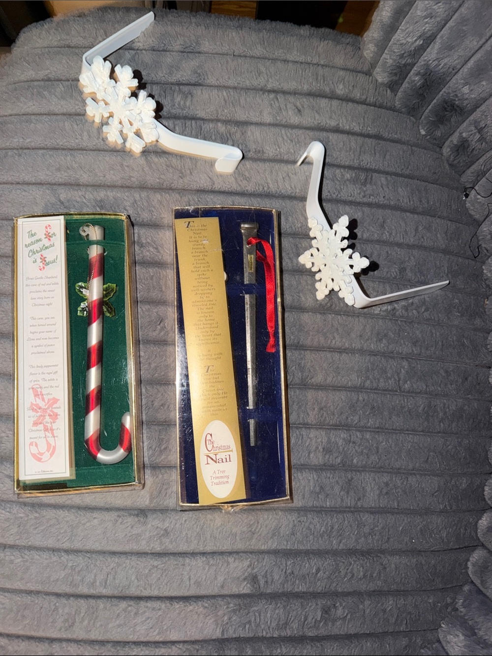 Candy Cane and Tree Nail Holiday Decor ornaments and stocking Set - White & Red